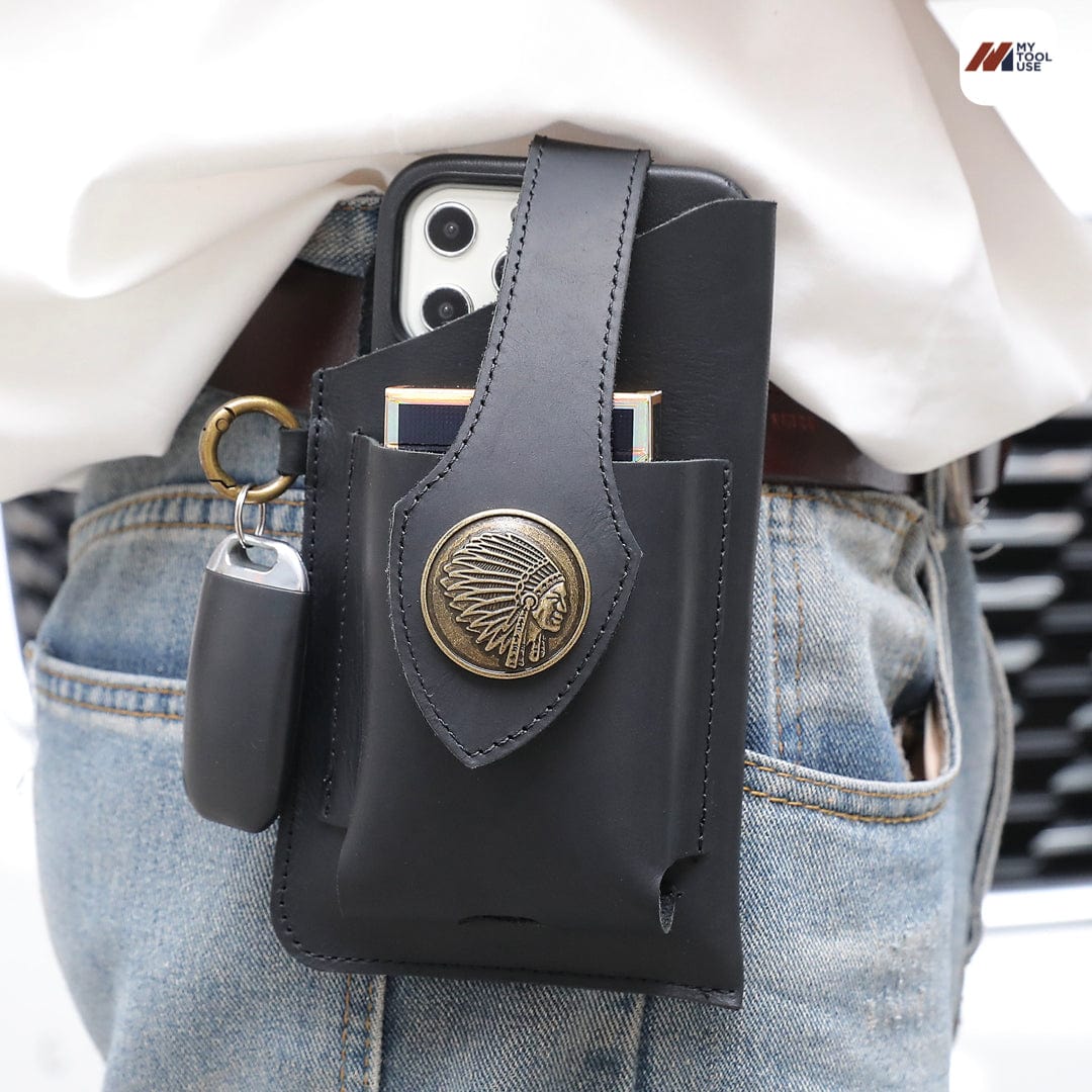  "This heavy duty leather cell phone holster is designed for durability and convenience. Its sturdy construction is perfect for protecting your phone, while its sleek design allows for easy access and portability. Made with high-quality leather, this holster is a reliable option for keeping your device secure."